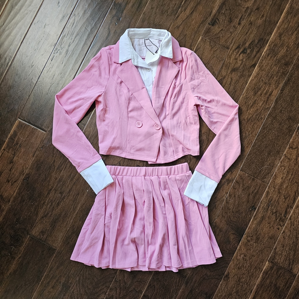 pink cropped blazer and skirt set